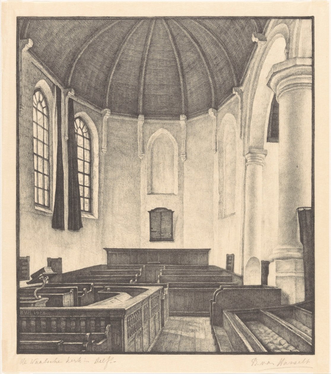 O Waalsche Kerk em Delft (título original no objeto) de Bertha van Hasselt (signed by artist)