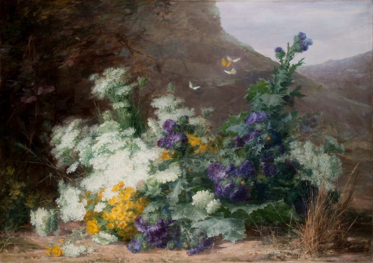 Flores silvestres em uma paisagem, c.1890 de Berthe Costadau
