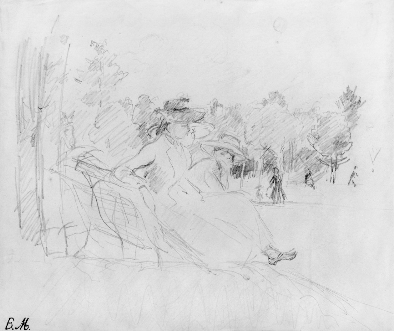 No Bois de Boulogne, 1888 (chumbo preto sobre papel) de Berthe Morisot