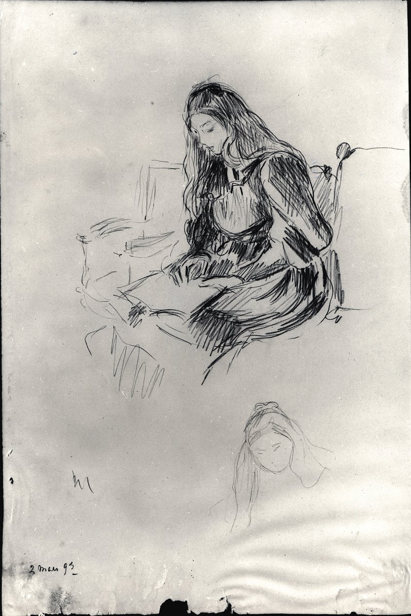 Julie Manet (1878-1966) lendo, 2 de março de 1893 (chumbo preto sobre papel) de Berthe Morisot