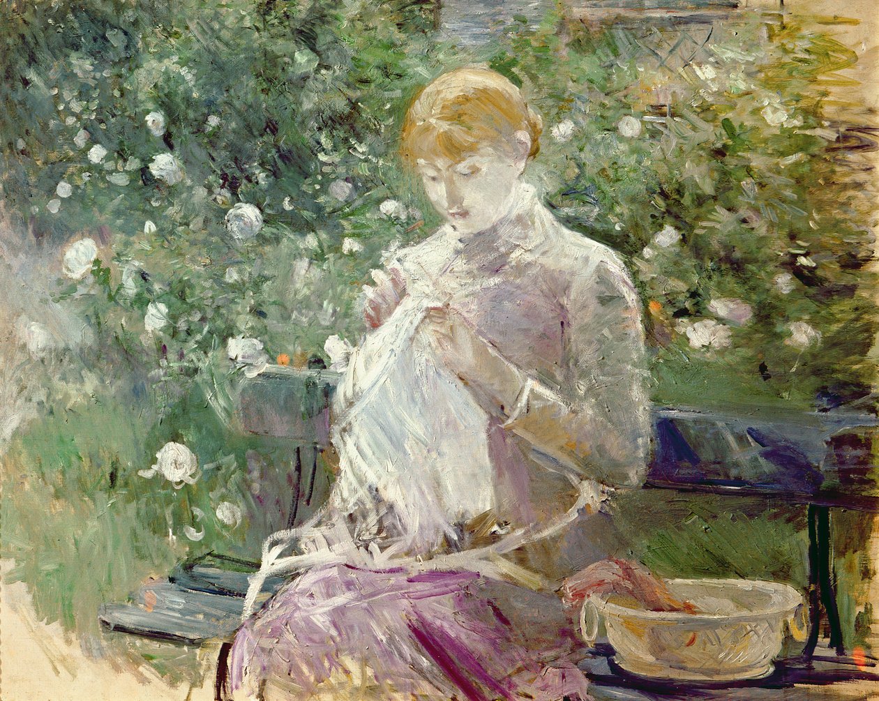 Pasie costurando no jardim de Bougival, 1881 de Berthe Morisot