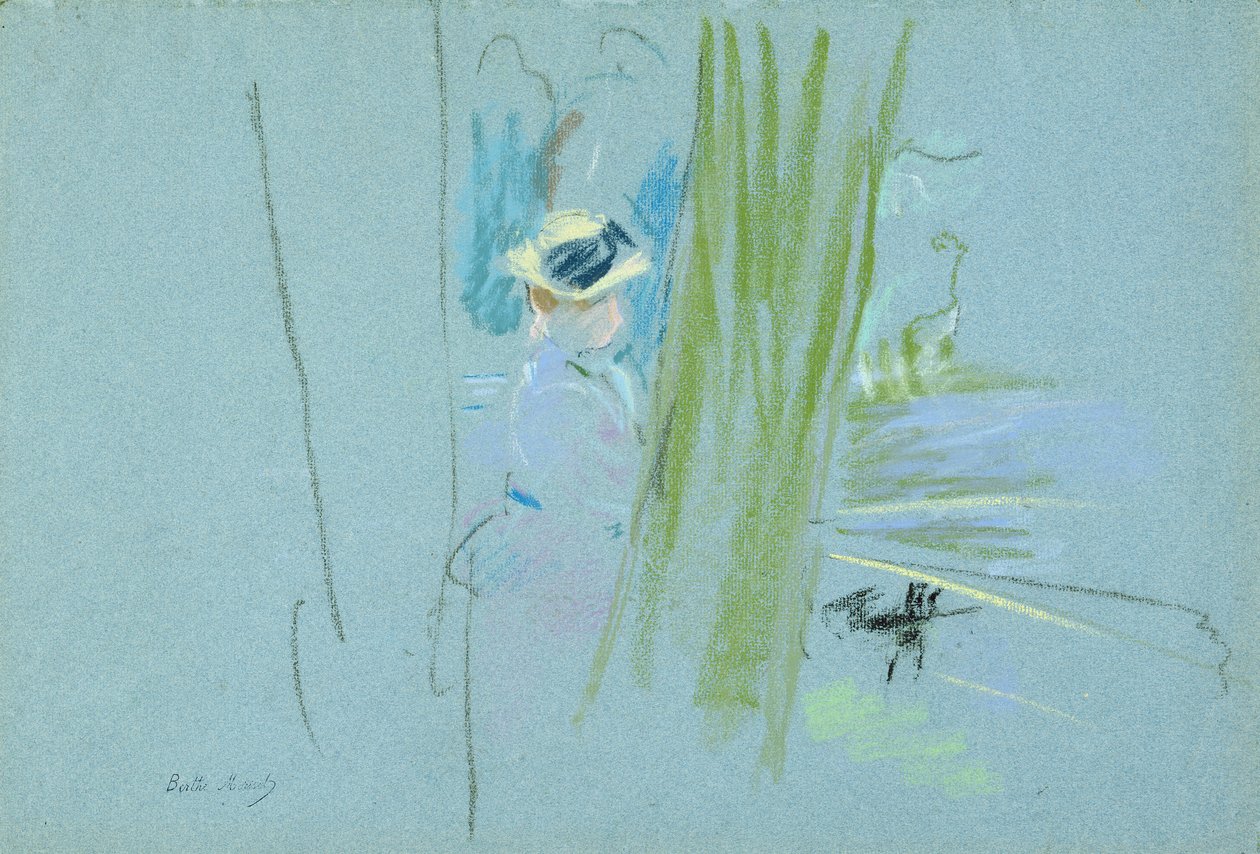 Mulher, pesca, em, um, lago, 1885, (pastel, ligado, paper) de Berthe Morisot