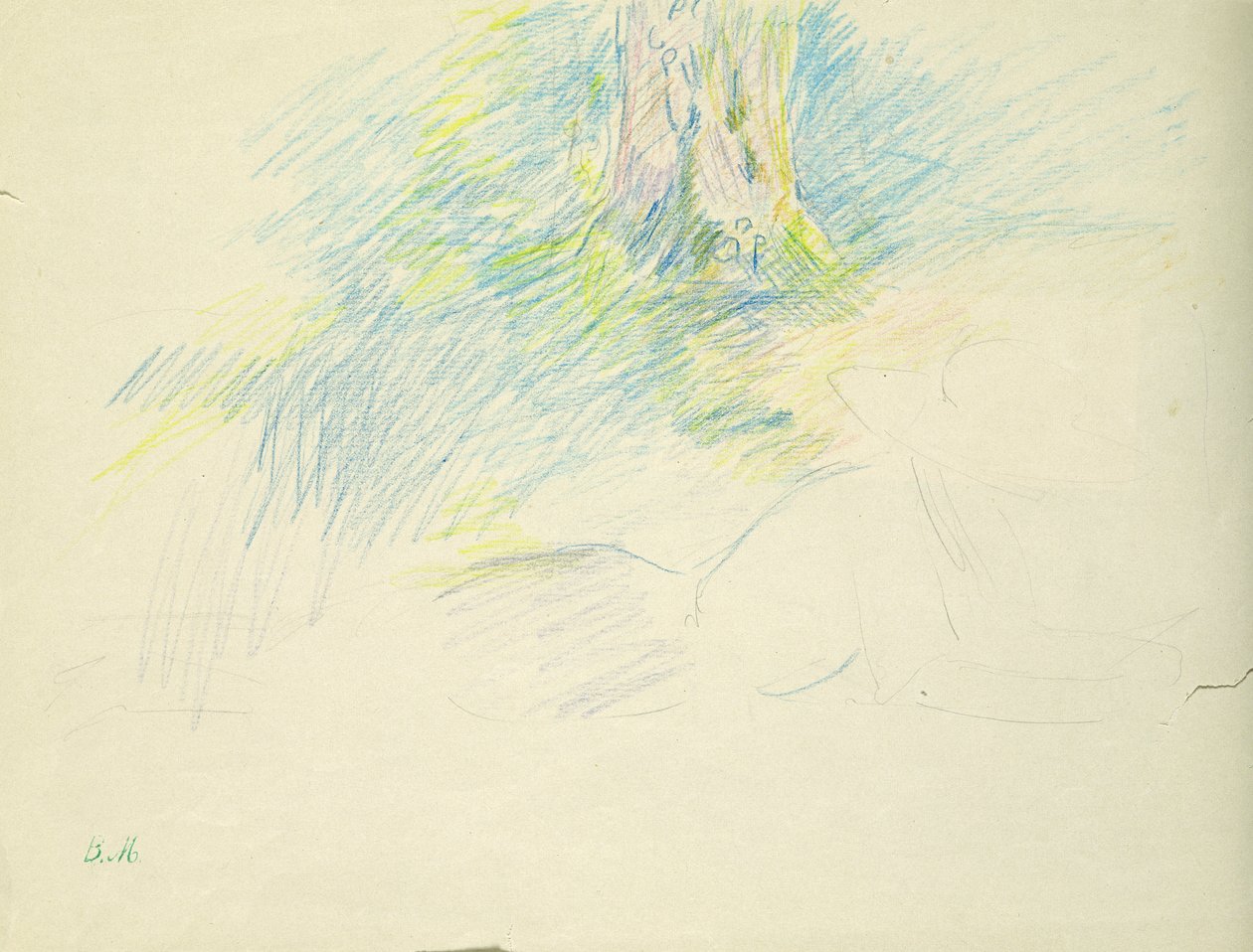Moça deitada debaixo de uma árvore, 1891 (lápis colorido sobre papel) de Berthe Morisot