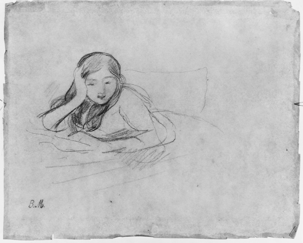 Menina jovem, leitura, 1889, (black, lead, paper) de Berthe Morisot