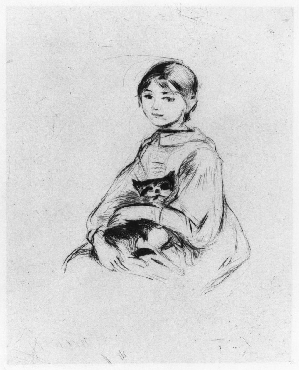 Rapariga com gato, 1889 (ponto de seca) de Berthe Morisot