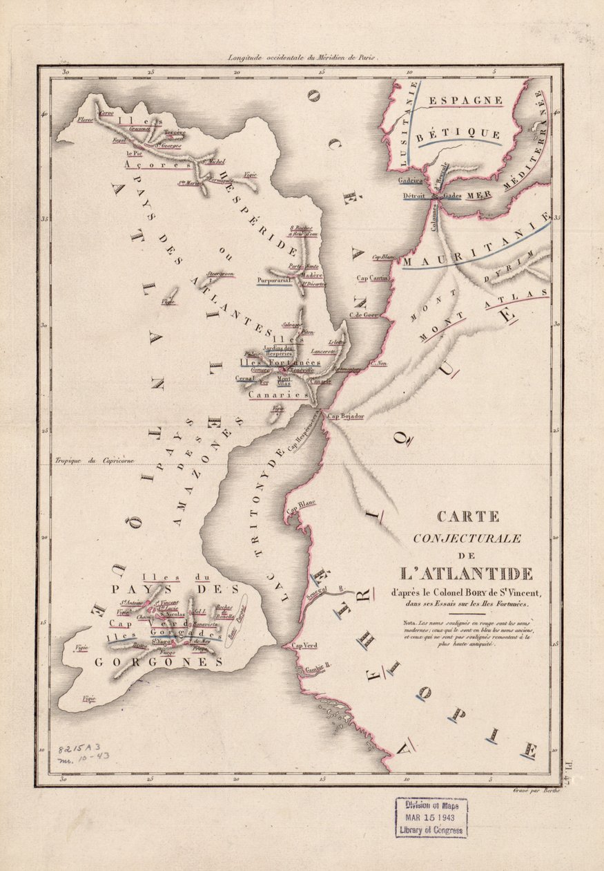 Mapa conjetural da Atlântida - segundo o coronel Bory de St. Vincent... LOC 2006627670 de Berthe
