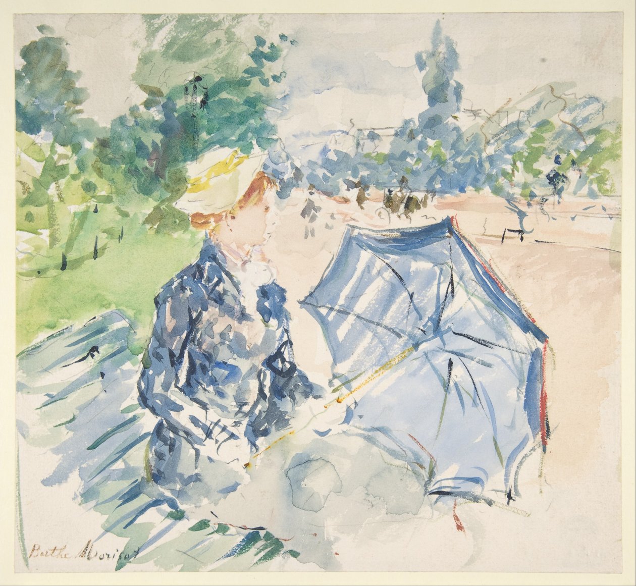 Uma mulher sentada num banco na Avenue du Bois de Berthe Morisot