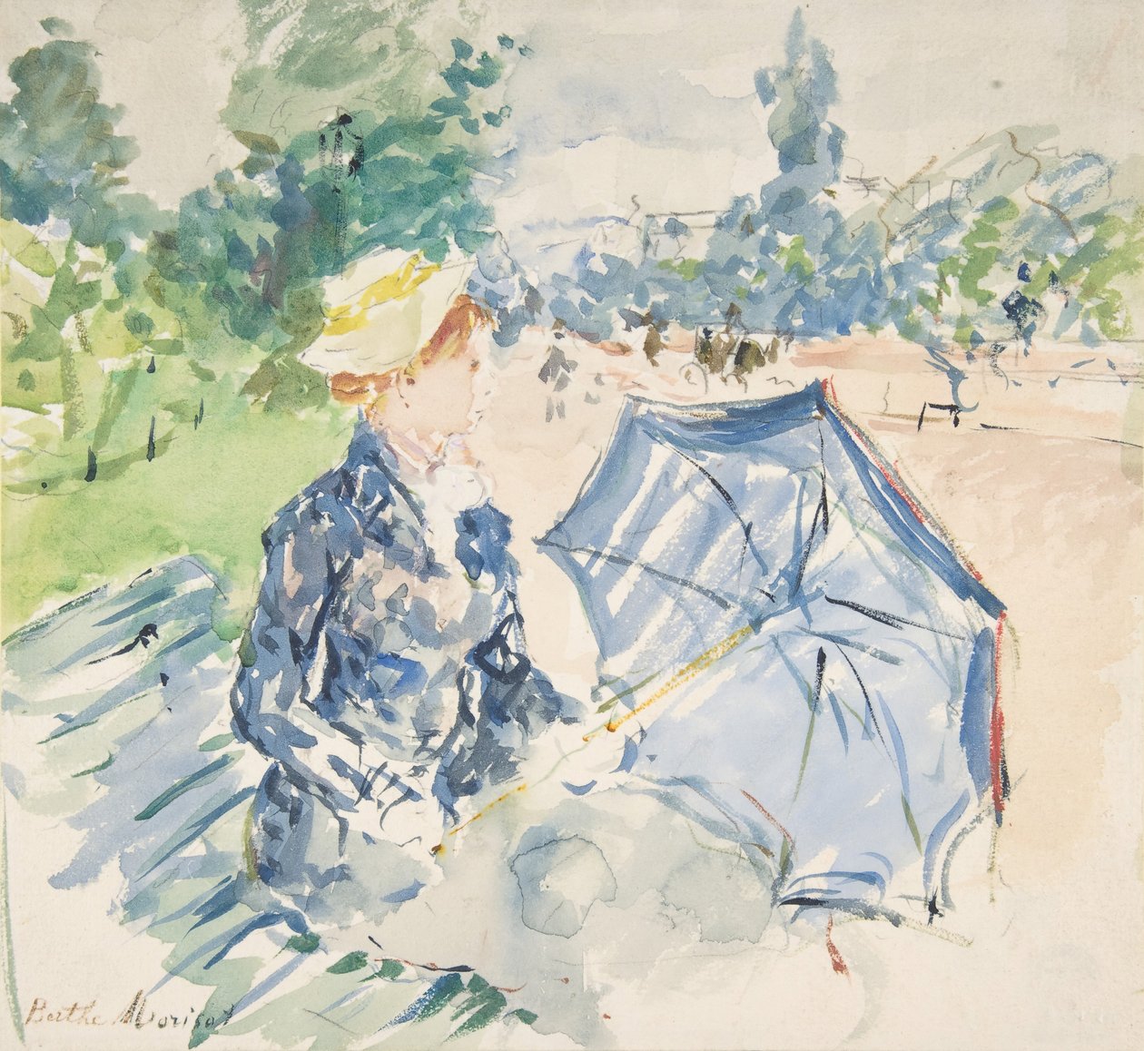 Uma mulher sentada em um banco na Avenue du Bois, 1885. de Berthe Morisot