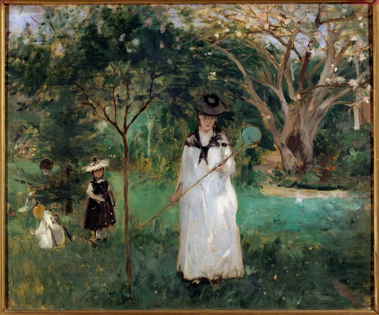 Caça às borboletas Uma jovem mulher segurando uma rede de borboletas. Pintura de Berthe Morisot (1841-1895) 1874 Sol. 0,46x0,56 m Paris, musee d