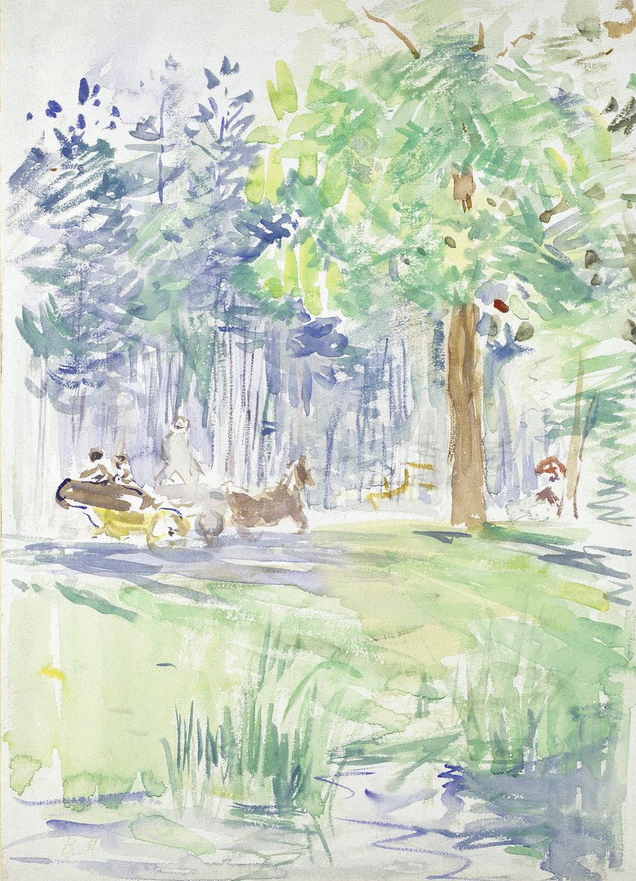Cavalo e carruagem em uma estrada da floresta, depois de 1883 (aquarela em papel branco wove) de Berthe Morisot
