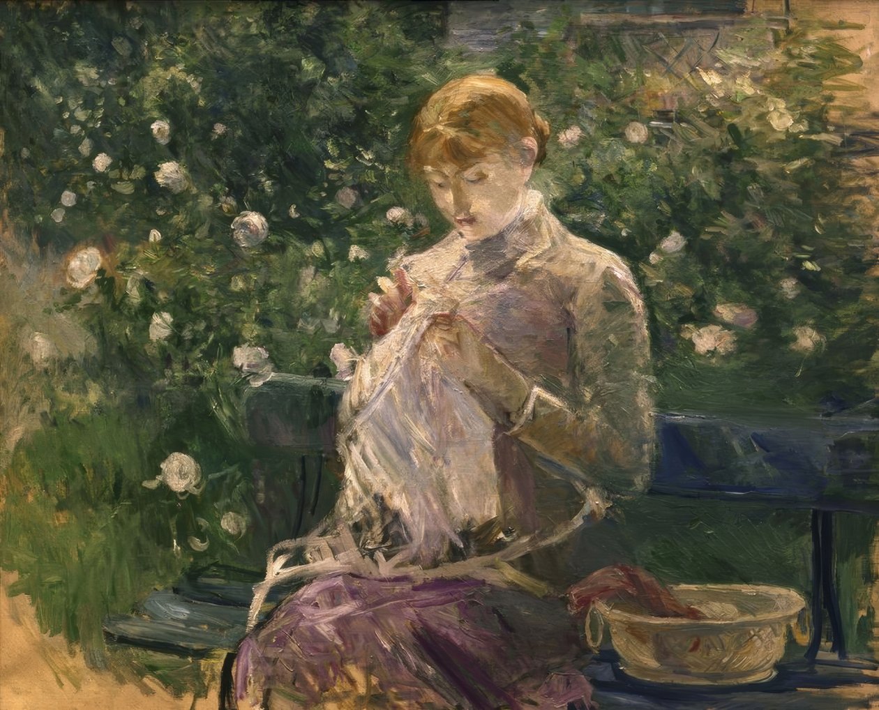 Pasie costura no jardim de Bougival - 1881 - 81 × 100 cm - óleo sobre tela de Berthe Morisot
