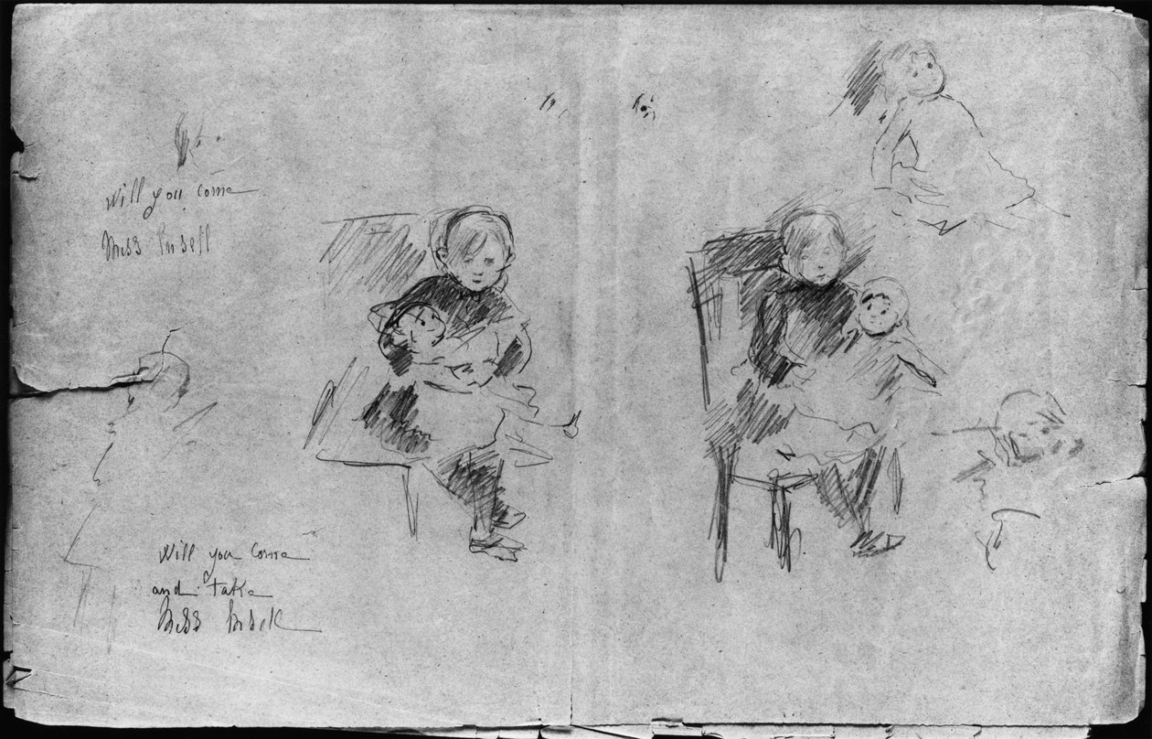 Estudos para a menina com uma boneca, 1884 (chumbo preto sobre papel) de Berthe Morisot