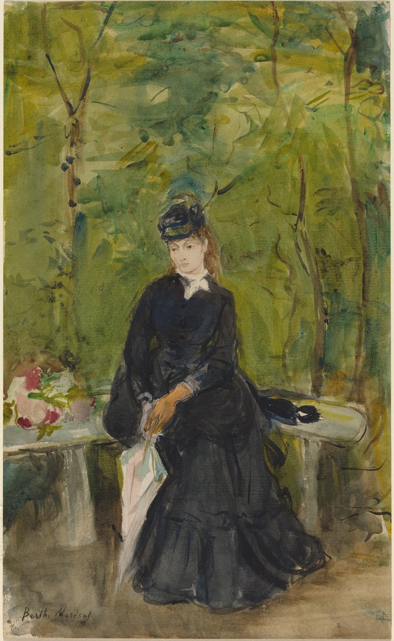A irmã do artista, Edma, sentada num parque de Berthe Morisot