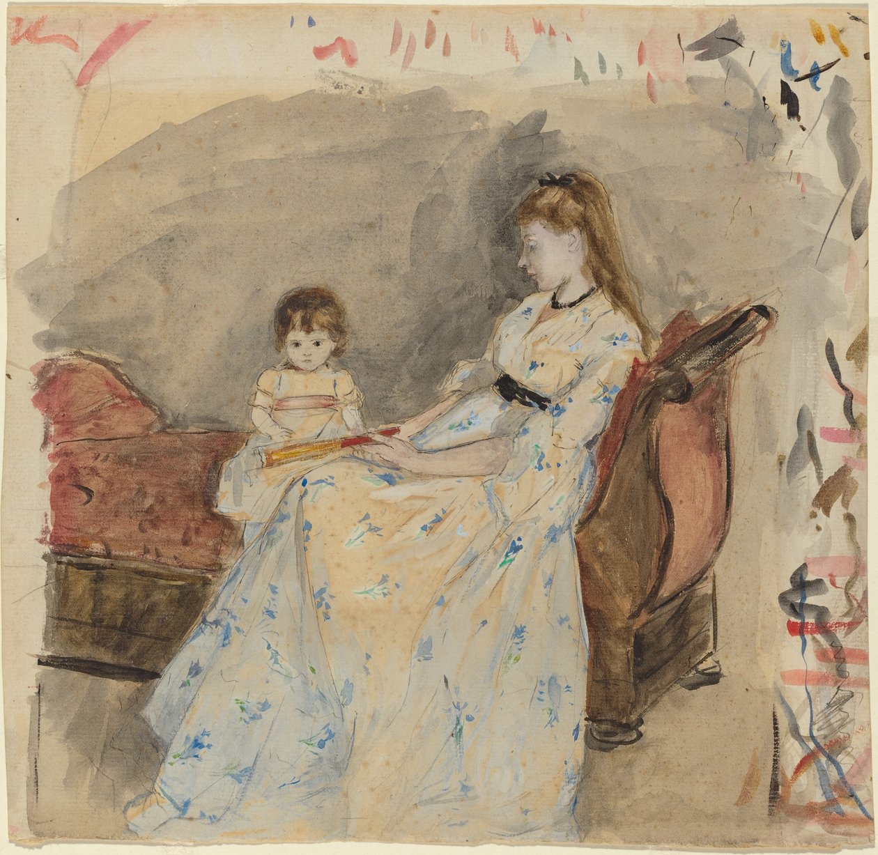 The Artists Sister, Edma, com sua filha, Jeanne, 1872 (wc sobre grafite sobre papel) de Berthe Morisot