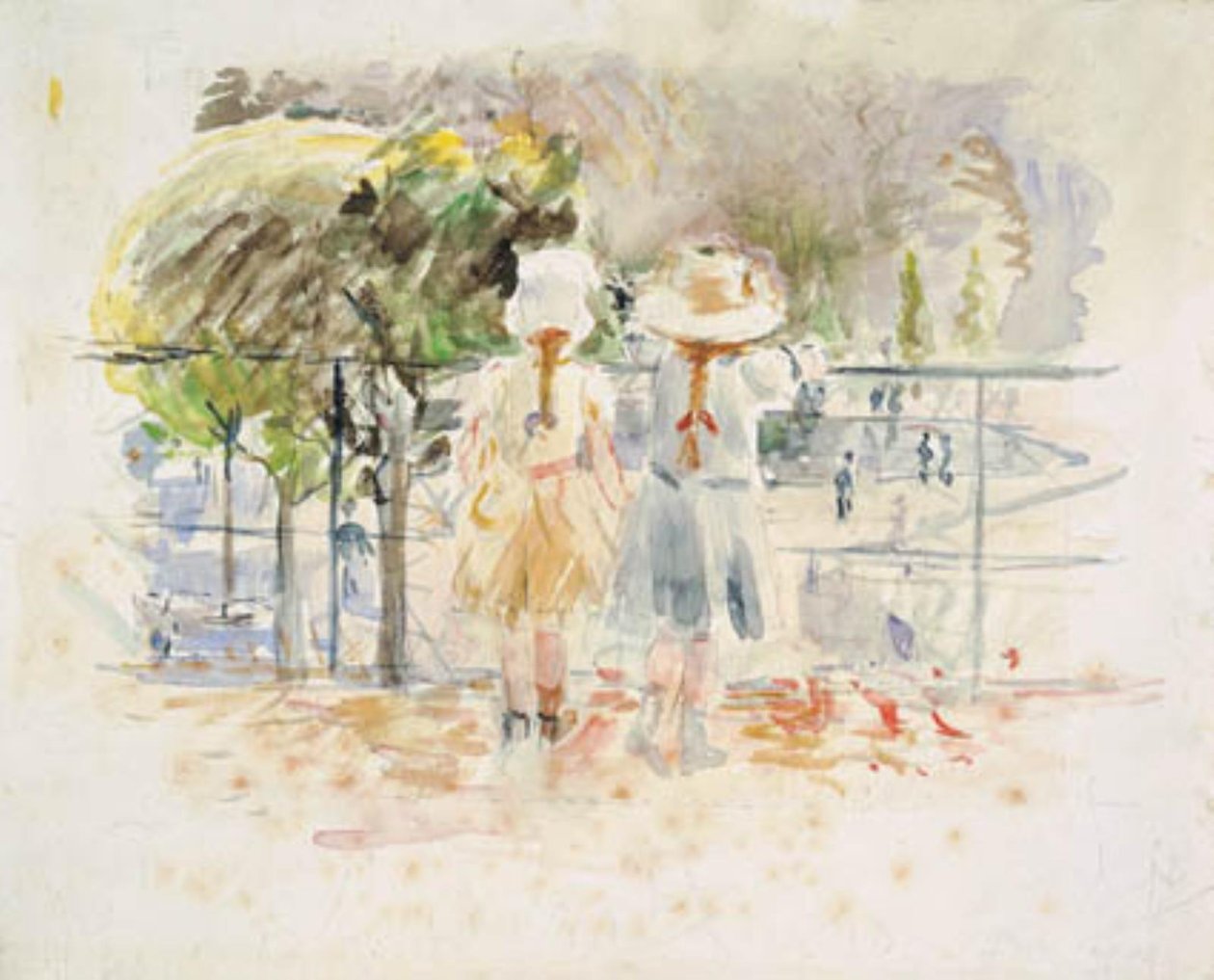 Duas meninas em uma balaustrada à beira do lago no Jardin des Tuileries, Paris de Berthe Morisot