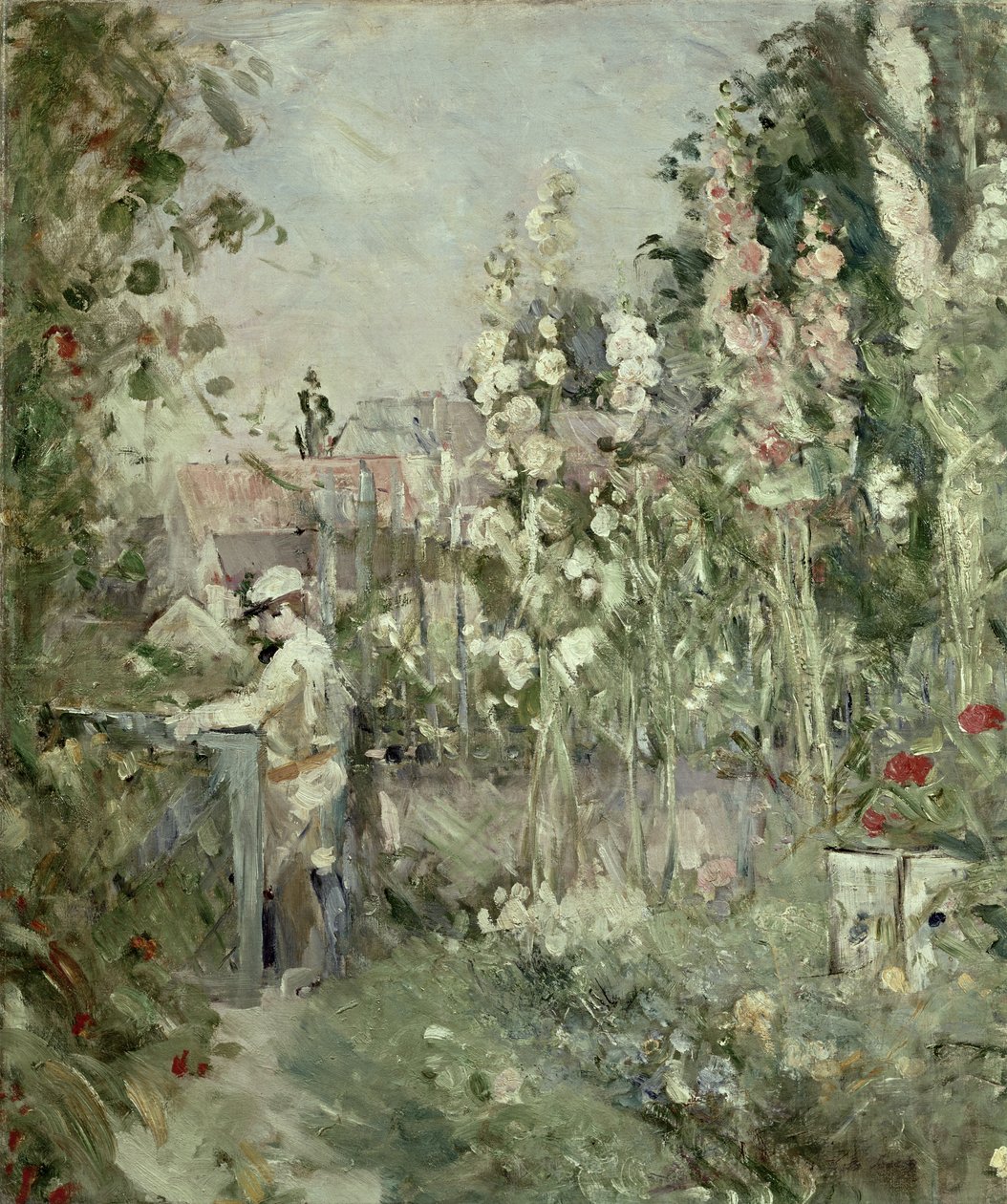 Menino jovem, em, a, hollyhocks de Berthe Morisot