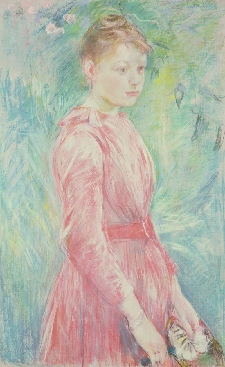 Rapariga de vestido cor-de-rosa (pastel sobre papel) de Berthe Morisot
