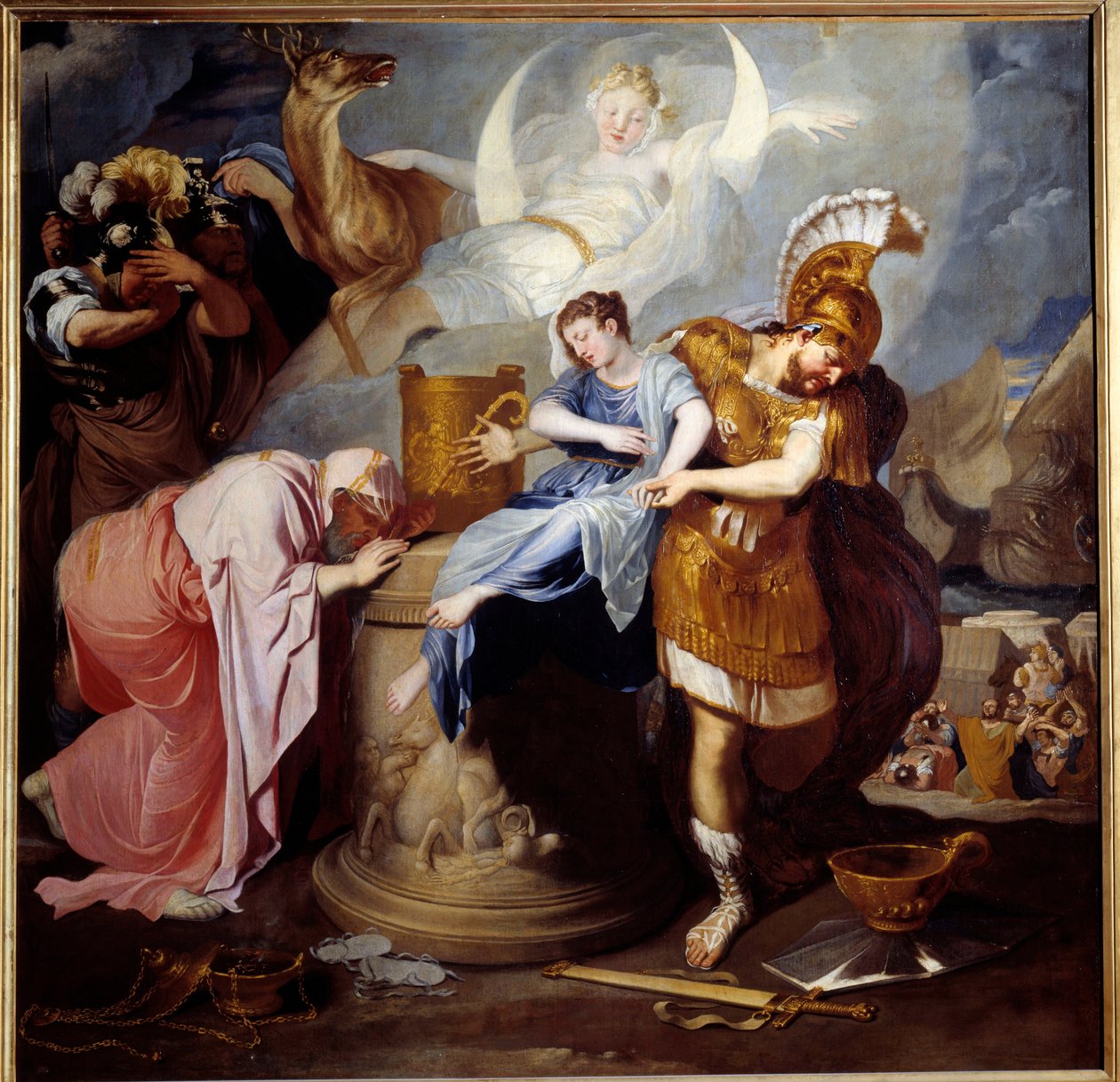O sacrifício de Iphigenie King Agamemnon sacrifica a sua filha para apaziguar a raiva de Artemis. Pintura de Bertholet Flemalle (1614-1675) Sol do século XVII. 1,6x1,63 m de Bertholet Flemalle