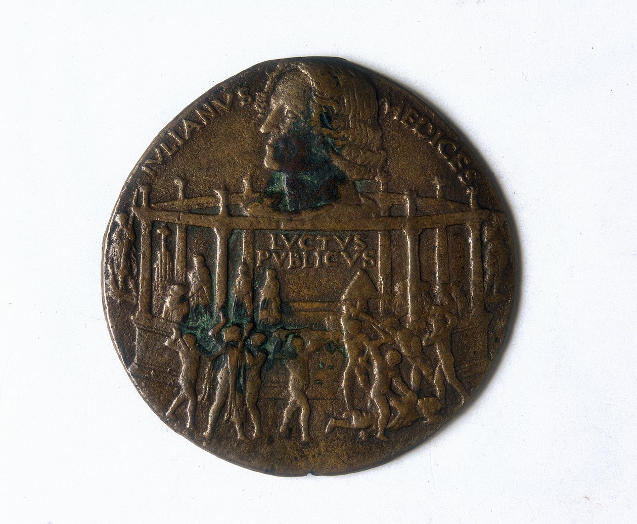 Medalha que retrata a Conspiração Pazzi. Giuliano de