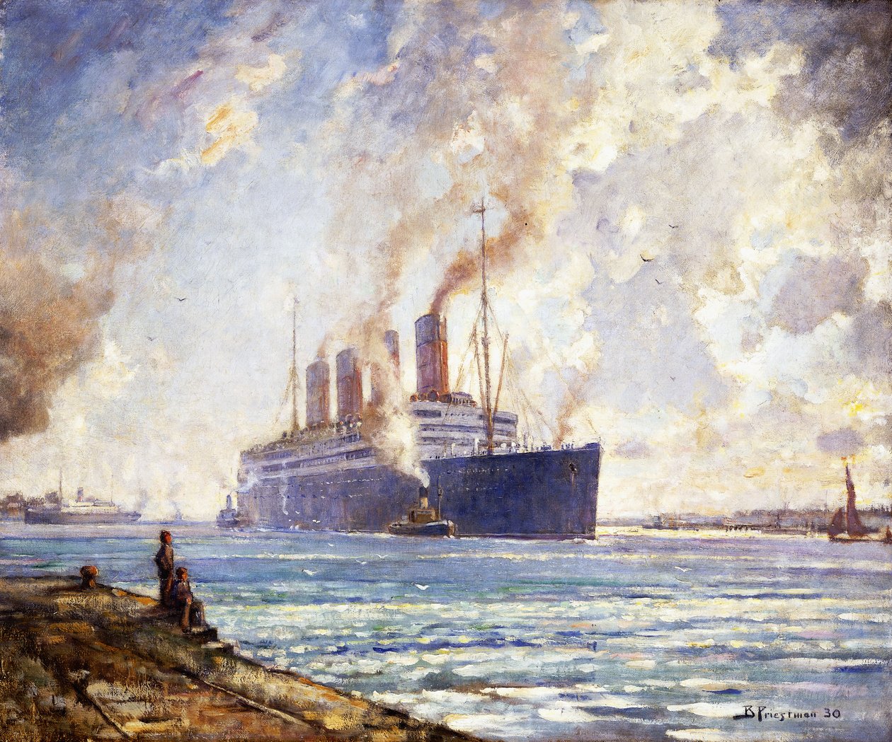 O Aquitania chegando Southampton Water de Bertram Priestman