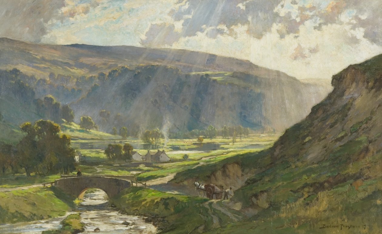As colinas veladas pelo sol de Wharfedale de Bertram Priestman