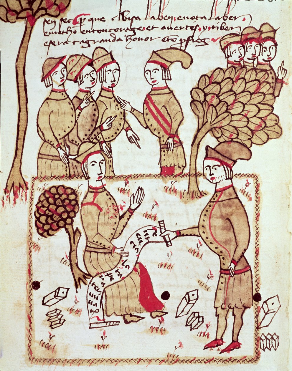 Ms 327 fol.201v Um Surveyor com os seus Trabalhadores, de &39;Land Survey&39; por Arnaud de Villeneuve (1240-1315) de Bertrand Boysset