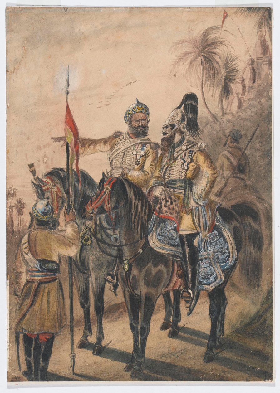 Dois oficiais montados e um sowar desmontado, 4ª Cavalaria Irregular de Bengala, c.1850 (aquarela) de Bethune Donald Grant