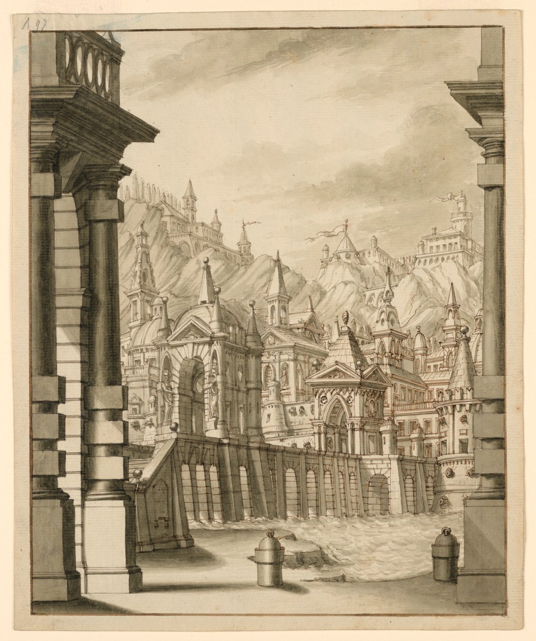 Design de palco, cidade na colina com edifícios com torres de Bibiena Family, 1657