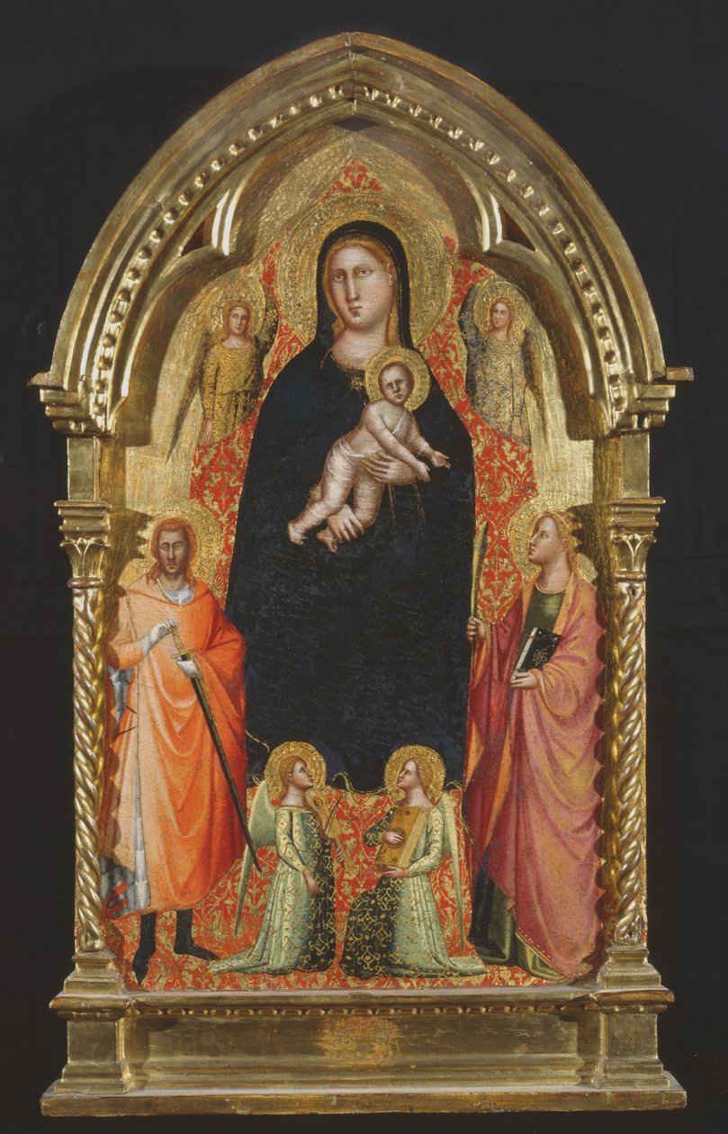 Madonna e Criança Enthroned com Santos Catherine e Giuliano e Anjos (tempera no painel) de Bicci di Lorenzo
