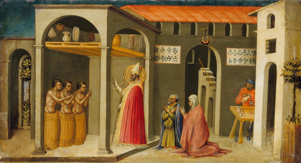 São Nicolau ressuscitando três jovens, 1433-35. de Bicci di Lorenzo