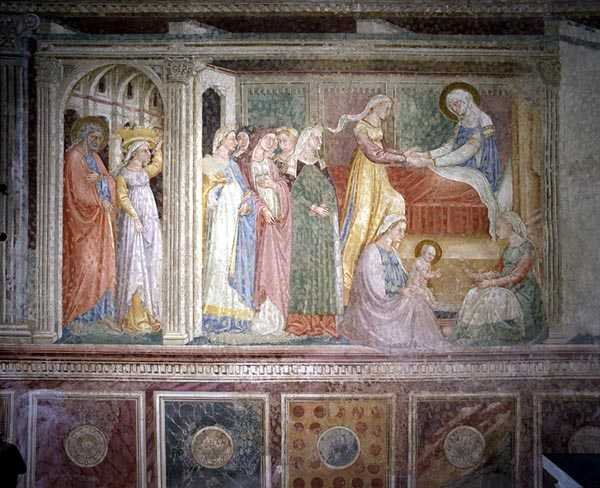 A Natividade, do ciclo da Vida da Virgem em uma capela abside de Bicci di Lorenzo