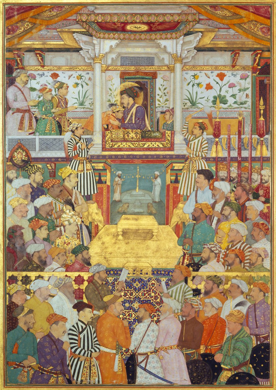 Padshahnama plate 10: Shah-Jahan recebe seus três filhos mais velhos e Asaf Khan durante suas cerimônias de adesão (8 de março de 1628) de Bichitr