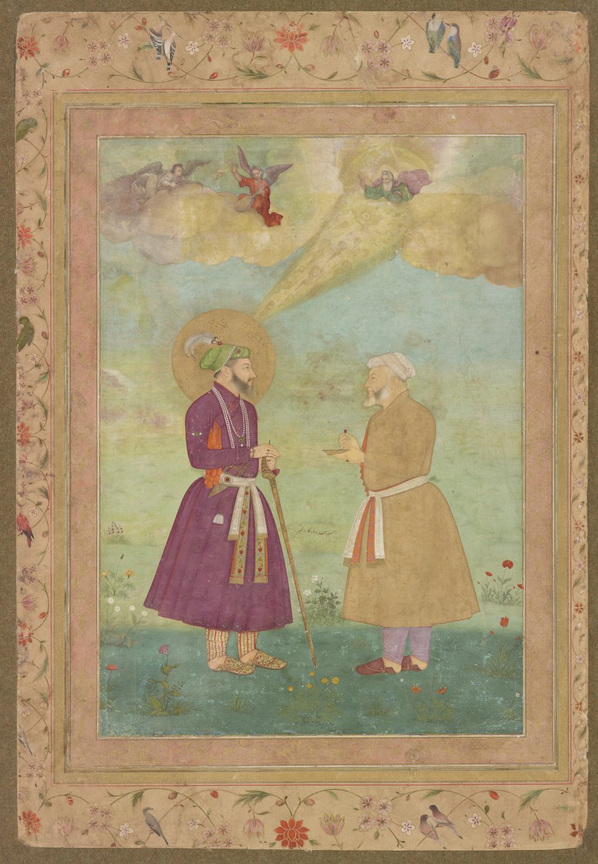 Shah Jahan com Asaf Khan do falecido álbum Shah Jahan, fólio manuscrito destacado, c.1640 (aquarela opaca, tinta e ouro sobre papel montado em papelão) de Bichitr Bichitr