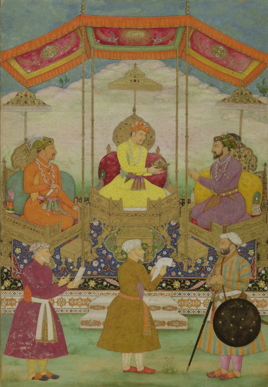 Imperador mogol Akbar (c.1605) (centro) Simbolicamente passando a coroa de seu filho Jahangir para seu neto Shah Jahan (1627-1658) c.1630 de Bichtir