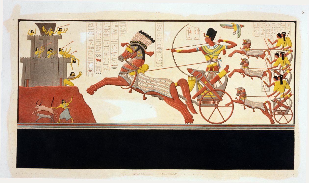 Ramsés II (1279-13 aC) na Batalha de Cades, enfrentando o exército de Muwattali, rei dos hititas, pintura mural do Templo de Ramsés II, Abu Simbel de Bigant and Allais