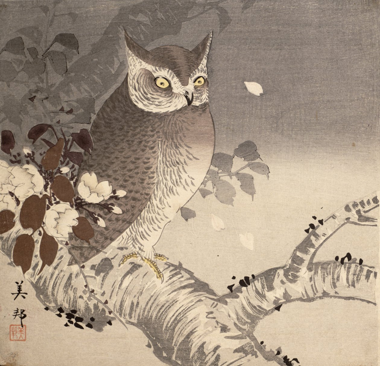Uma coruja sobre um ramo de árvore de Biho Takashi or Takahashi (b. 1873. fl 1890 1930)