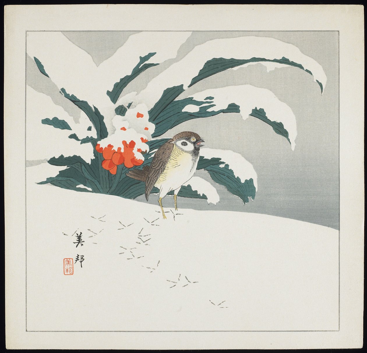 Pássaro na neve, início do século XX de Biho Takashi or Takahashi (b. 1873. fl 1890 1930)