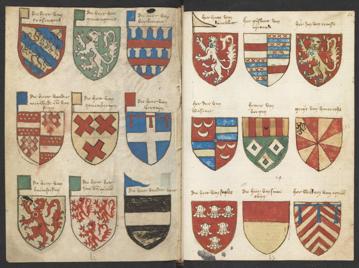 Livro de armas Beyeren (armorial) - KB79K21 - fólios 053v (esquerda) e 054r (direita) de Binder