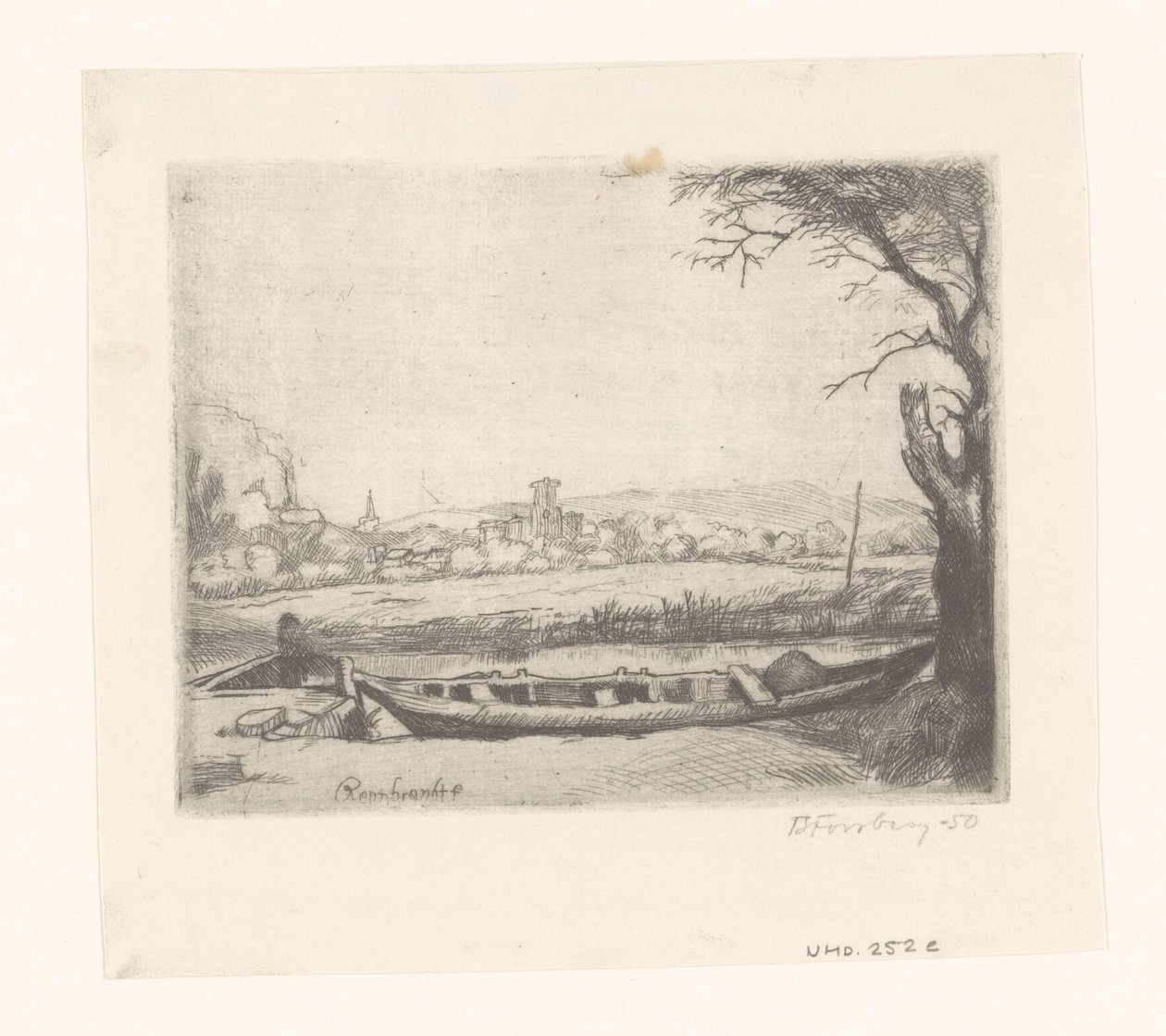 Canal com um grande barco e uma ponte ("The schuytje in the foreground") de Birger John Forsberg