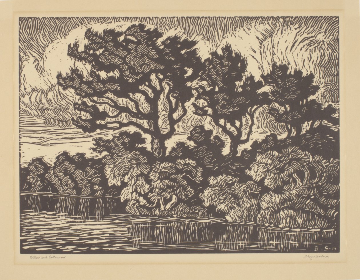 Salgueiro e Cottonwood, cerca de 1931 (linogravura) de Birger Sandzen