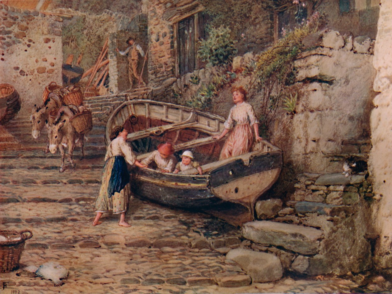 Vista em Clovelly, com barco encalhado e figuras, 1882, 1935 de Birket Foster