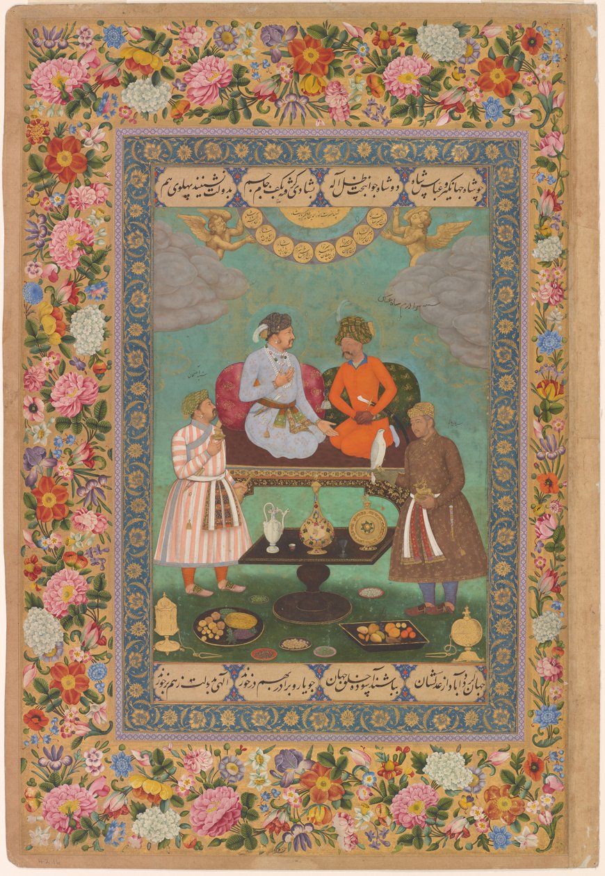 Jahangir Entertains Shah Abbas from the St. Petersburg Album, c.1620 (aguarela, ouro, tinta sobre papel) de Bishandas