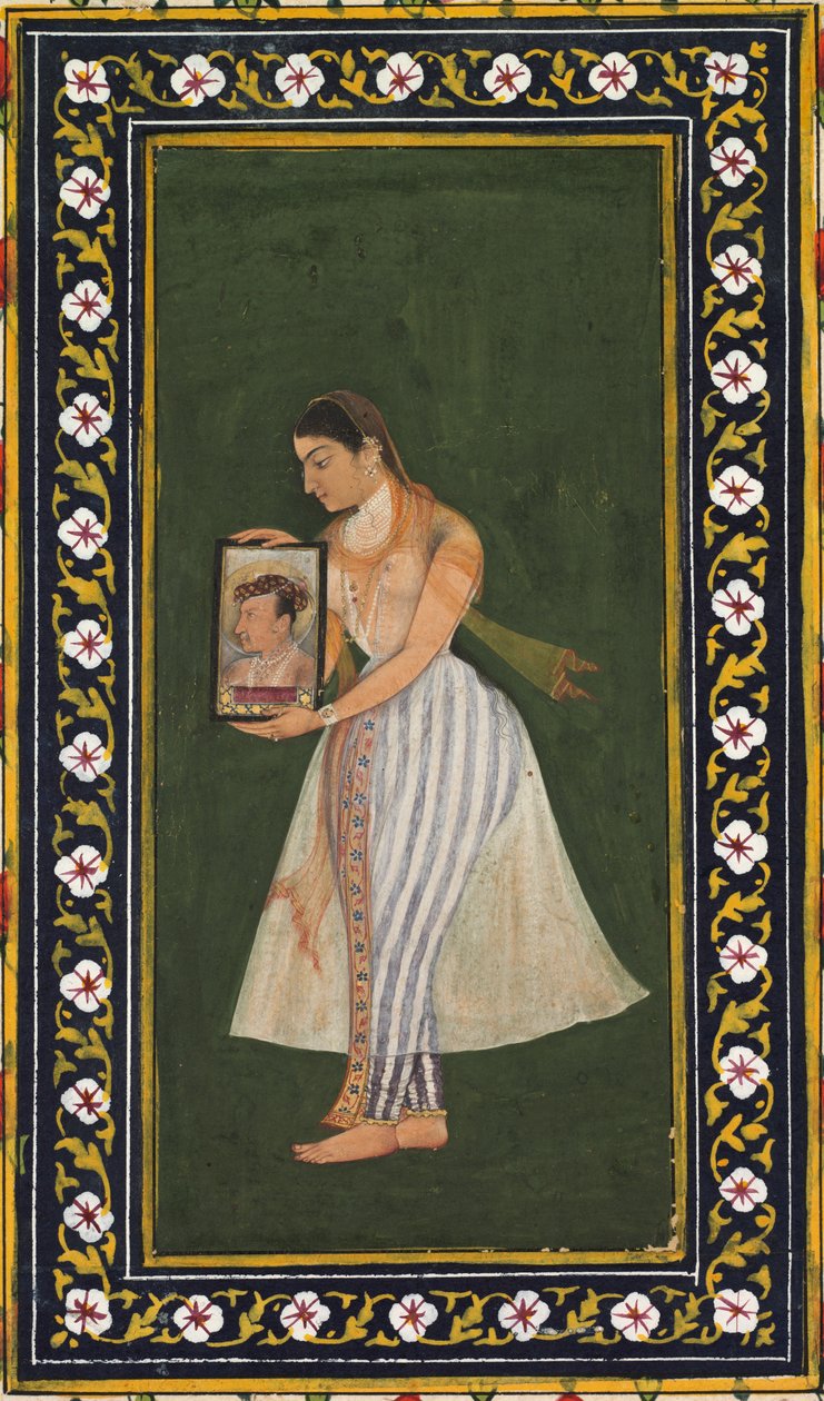 Nur Jahan segurando um retrato do imperador Jahangir de Bishandas