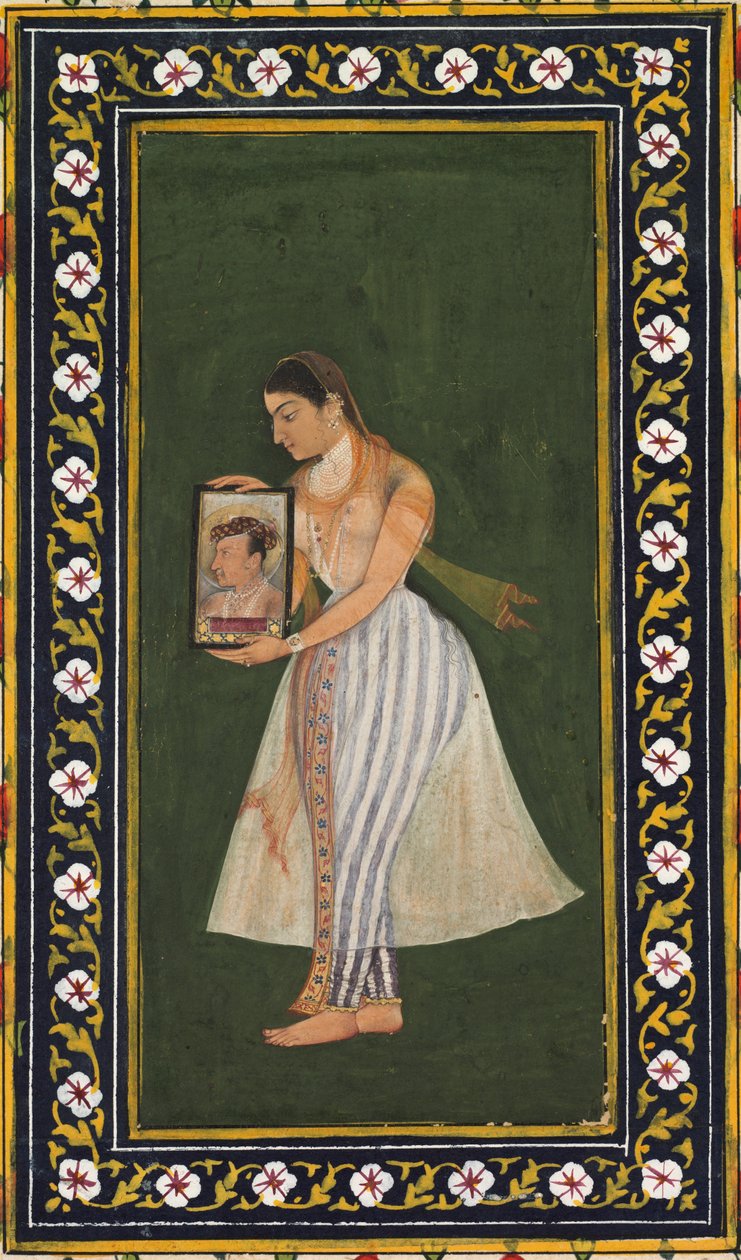 Nur Jahan, segurando um retrato do imperador Jahangir, c. 1627 de Bishandas