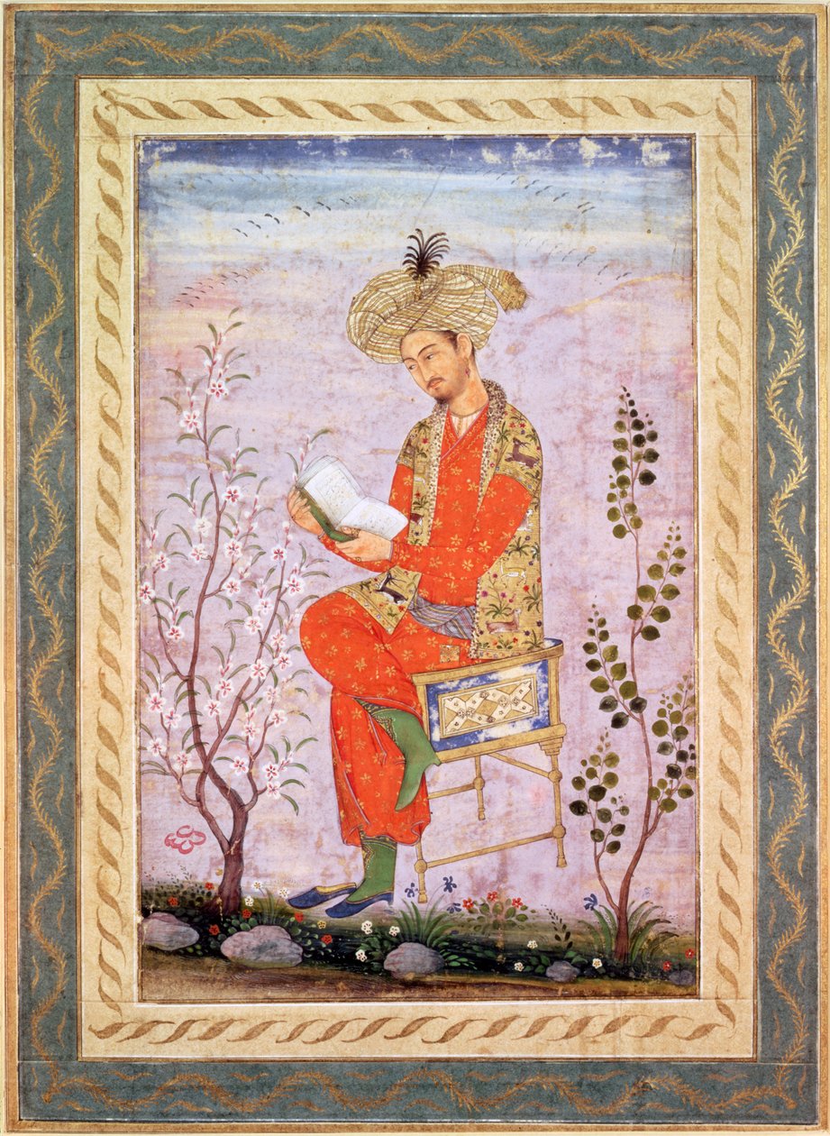 Babur (r.1526-30) Leitura, Mughal (aguarela sobre papel) de Bishn Das