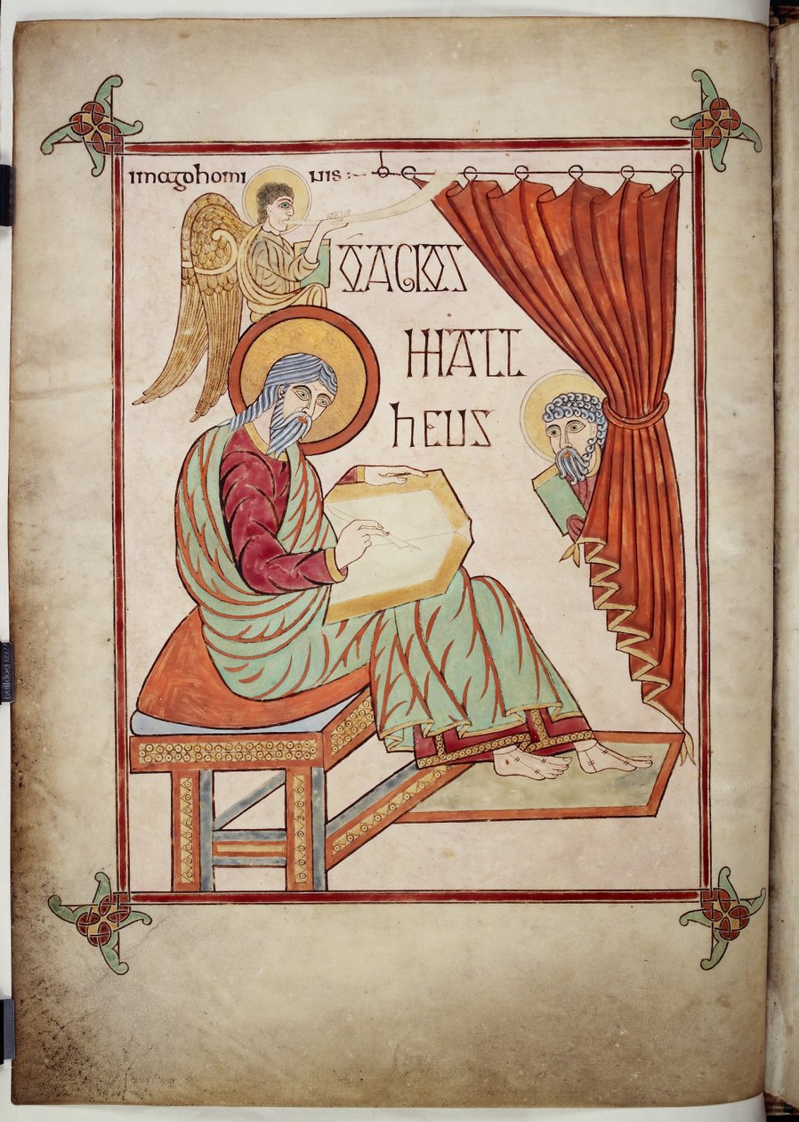 Cotton Nero D. IV, f.25v São Mateus, escrevendo, com seu símbolo, dos Evangelhos de Lindisfarne, 710-721 (velino) de Bishop of Lindisfarne Eadfrith