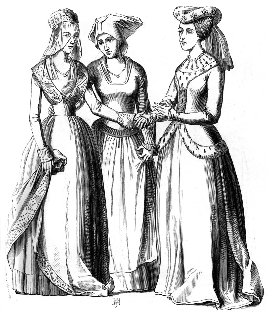 Uma burguesia, uma camponesa e uma mulher nobre, século XIV, 1849. de Bisson and Cottard