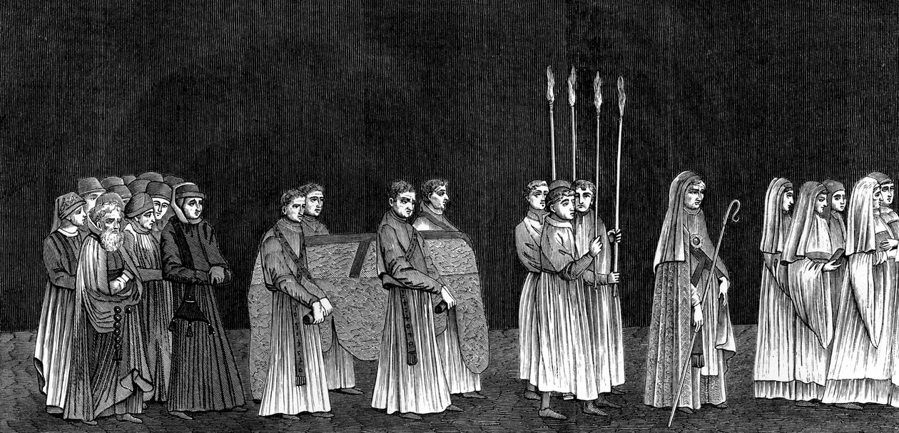 Reitor da universidade e procissão de monges da Abadia de Saint-Victors, século XV. de Bisson and Cottard