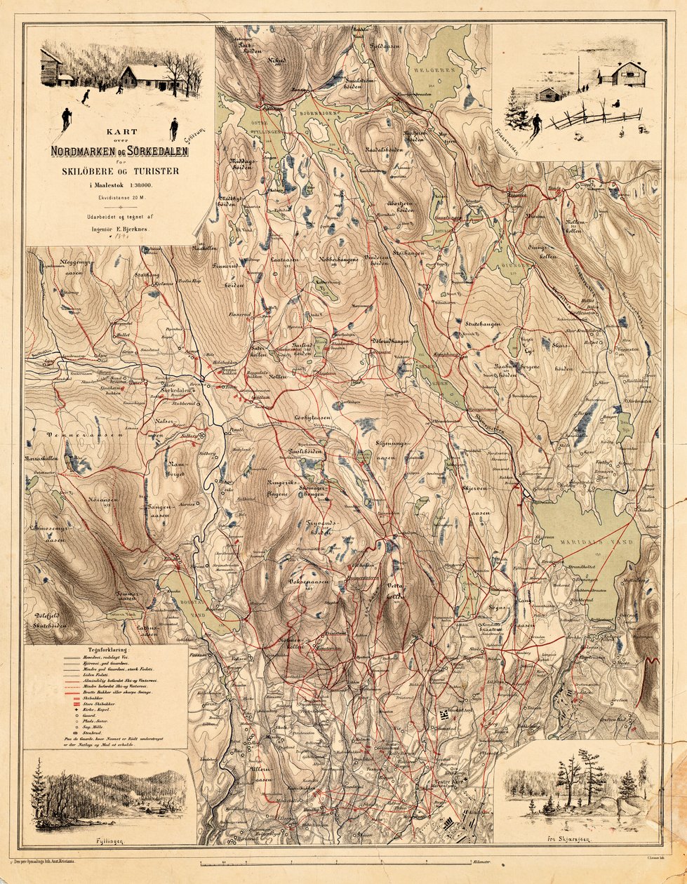 Mapa da coleção de mapas da Biblioteca Nacional. O mapa é publicado em (1890) e mostra Nordmarka, Sørkedalen de Bjerknes