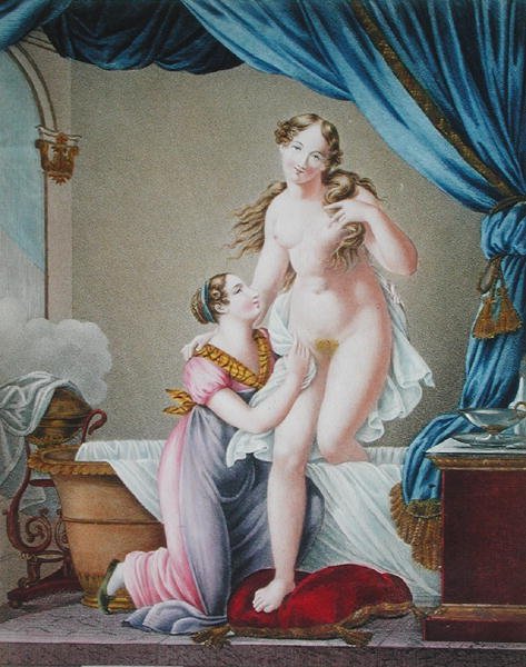 Mulher a sair do banho, assistida pela sua empregada, c.1820 (gravação a cores) de Blaizot (after)